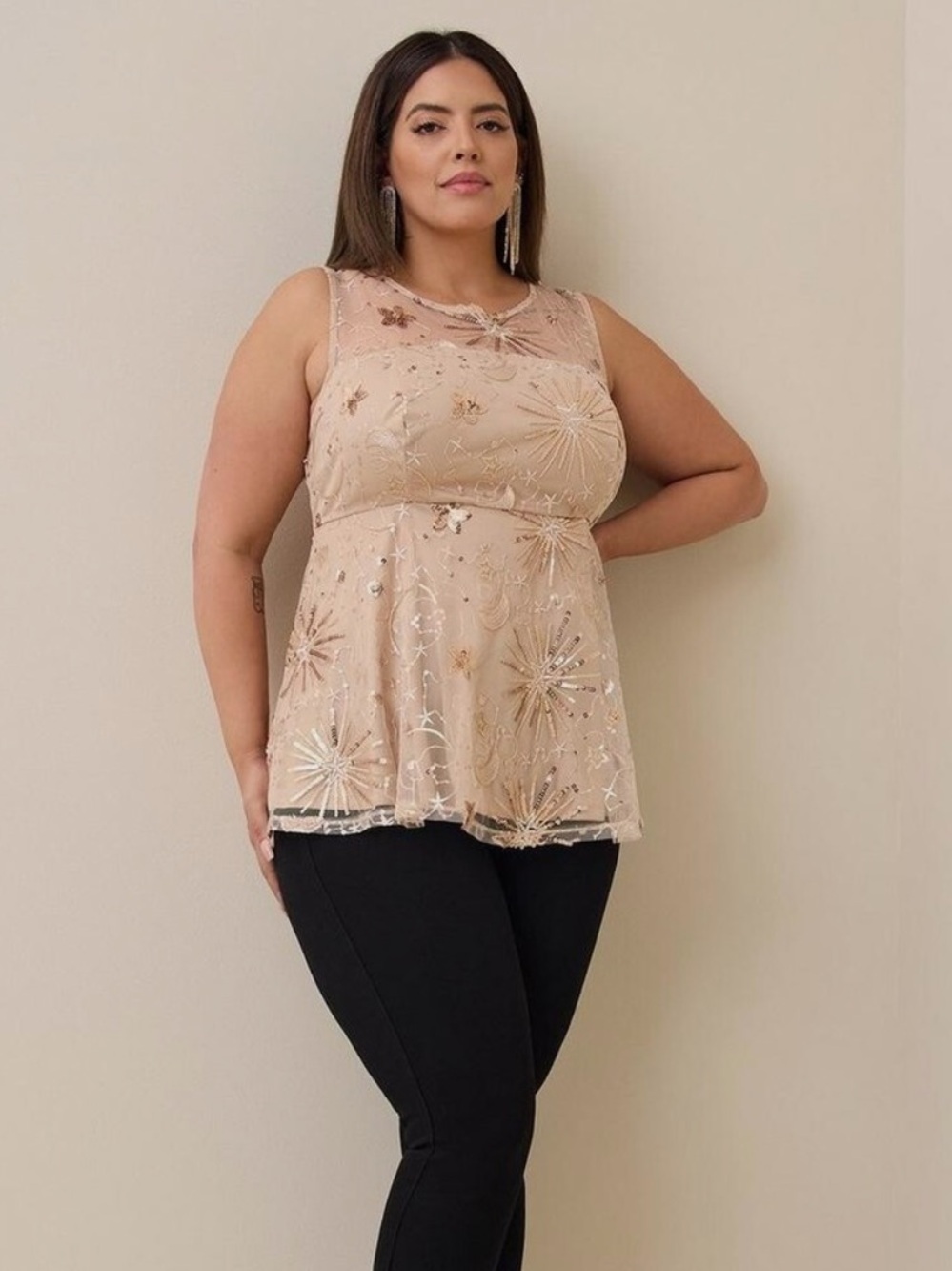 Torrid Nude Embellished Embroidered Sleeveless Babydoll Top / Gold Nude